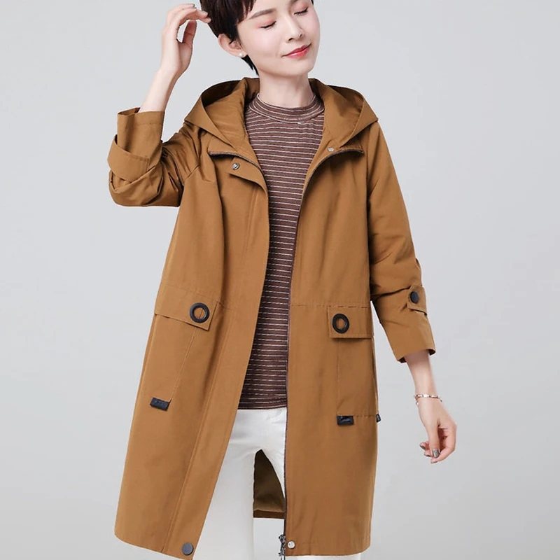 2019 Spring autumn long trench coat women fashion ladies hooded outerwear loose plus size 4xl female overcoat tops | Женская одежда