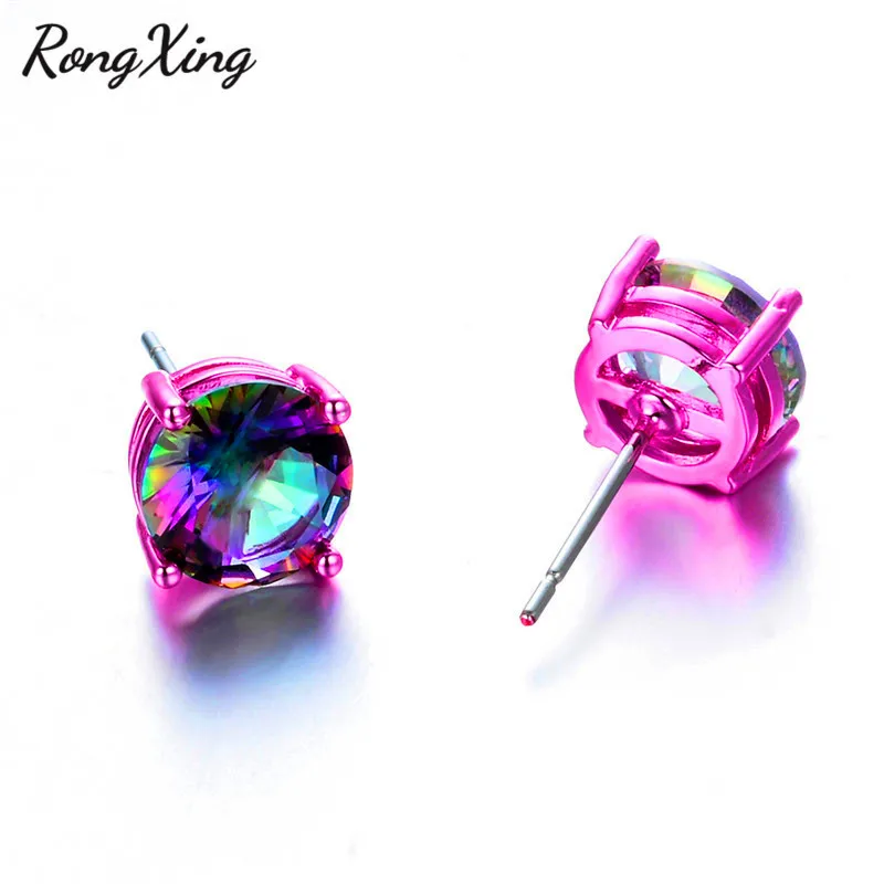 RongXing Романтические Розовые Золотые заполненные серьги-гвоздики Mystic Rainbow женская