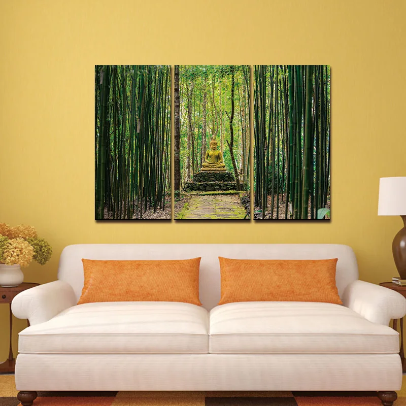 

Modern Canvas Wall Art Pictures 3 Panels Framed Artwork Paintings Buddha Green Bamboo Stones Zen Prints and Posters Painting