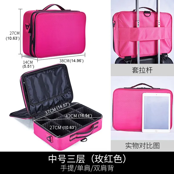 Rose red M 3 layer ZYJ Профессиональный органайзер для косметики коробка сумки комод путешествия макияж художника инструмент для ногтей сумка для косметики сумочка - Цвет: Rose red M 3 layer