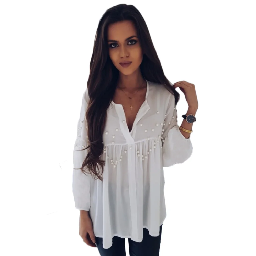 Hot sale spring Blouses Shirts Women fashion Pearls Beading Long lantern Sleeve V Ncek White Chiffon blouse Tops |