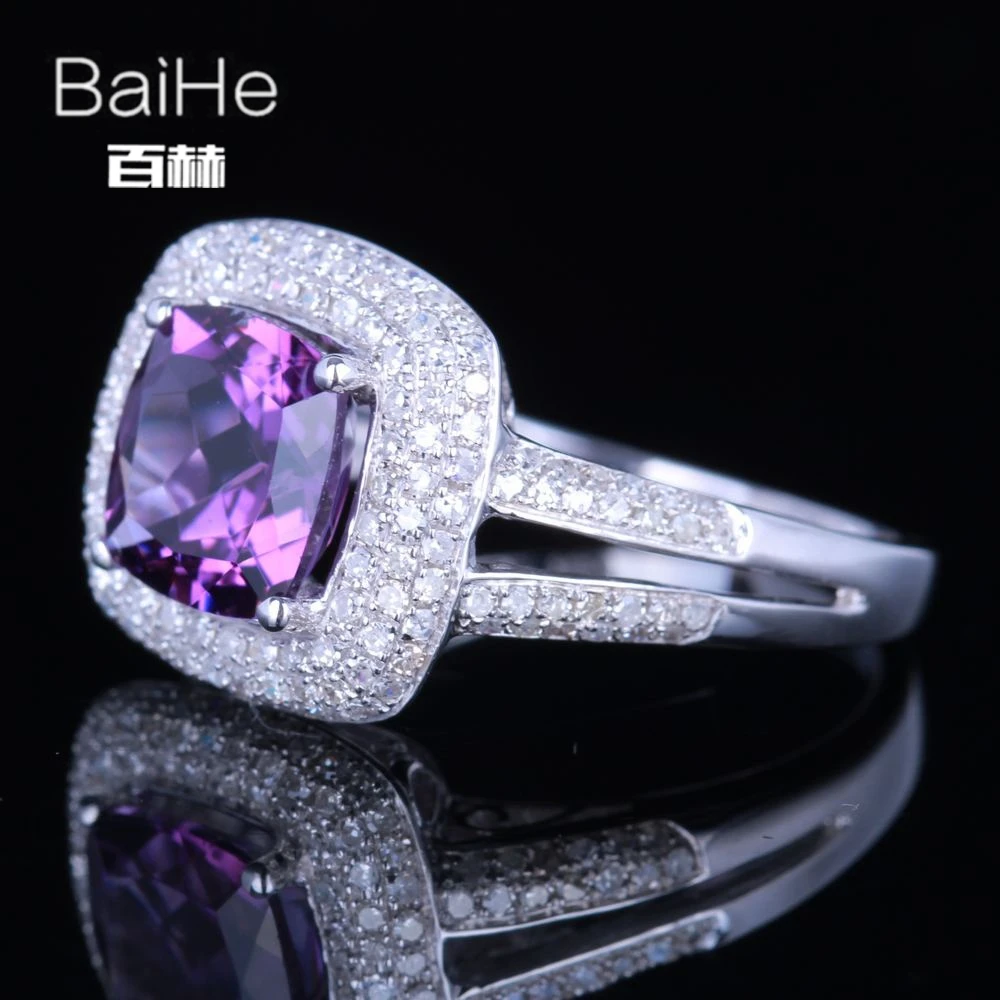 Baihe стерлингового серебра 925 2.3ct сертифицированных Подушки безупречный натуральная Аметист Свадебные Для женщин Винтаж уникальный элегантный кольцо