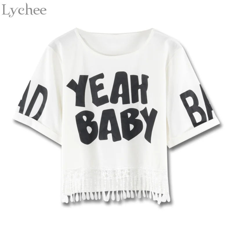 Летний женский укороченный топ Lychee в стиле Харадзюку кружевная Лоскутная