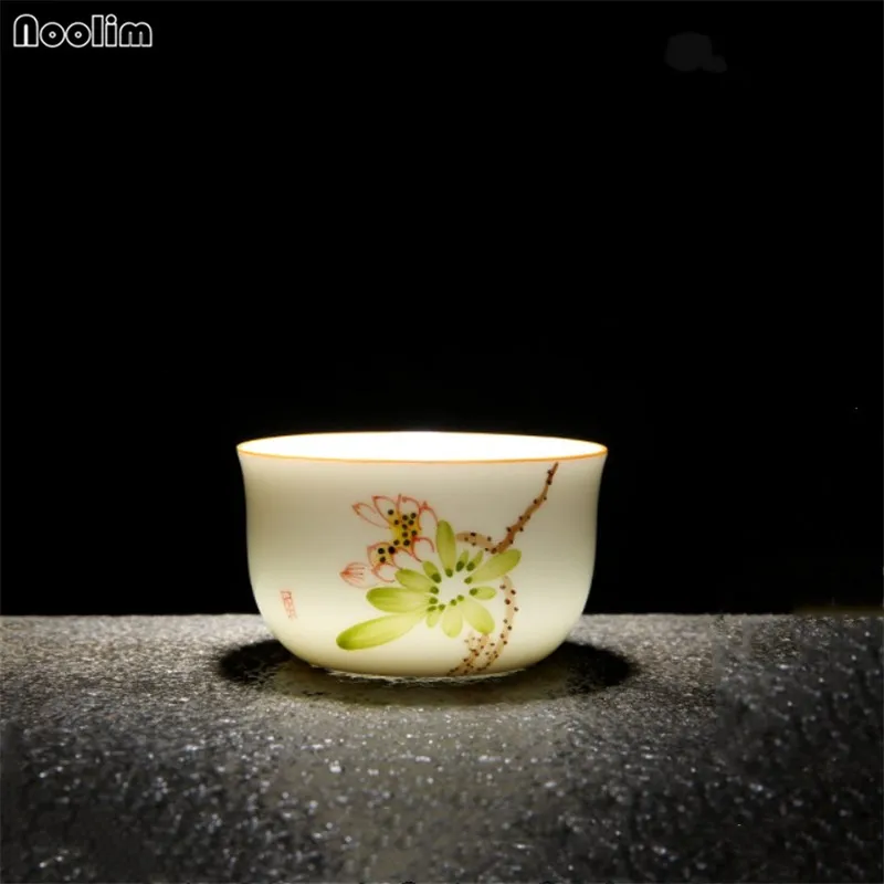 NOOLIM Ceramic Kung Fu Master Tea Cups White Porcelain Hand Painted Lotus Chinese Household Teacups Office Drinkware | Дом и сад