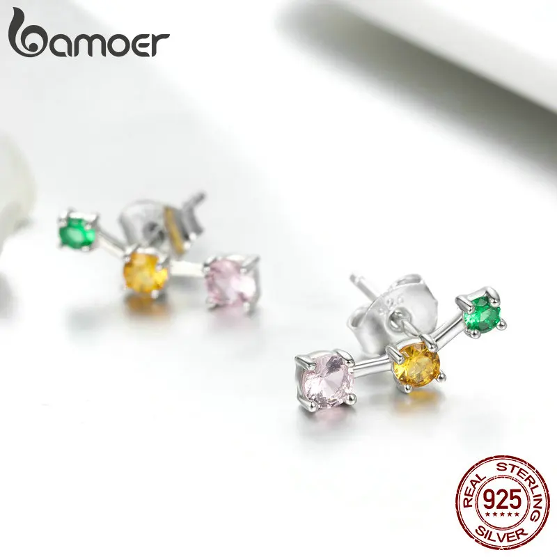 BAMOER Весенняя коллекция 925 пробы серебро Красочные площадь Циркон изысканные серьги со шпилькой, для Для женщин Модные украшения SCE495
