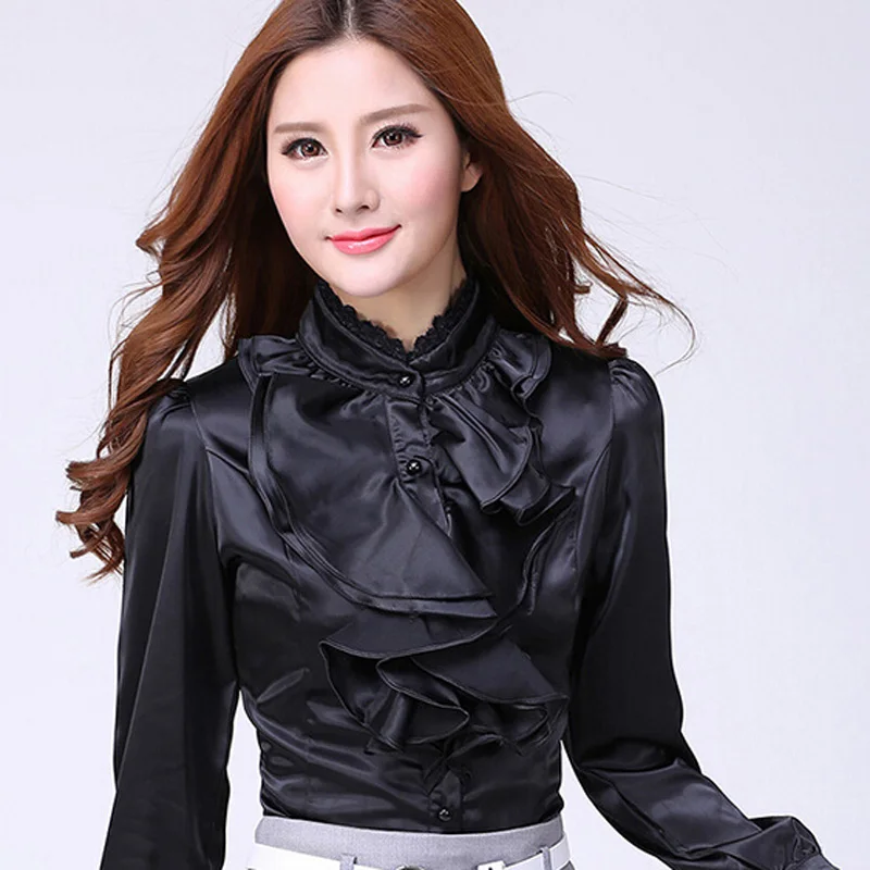 Классическая Женская белая шифоновая блузка с оборками большие размеры S-2XL OL