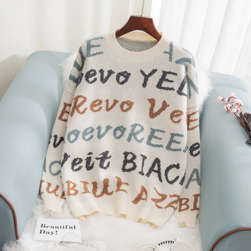 O-neck Knitted Sweater Women Winter 2019 Letter Pattern Casual And Pullovers Long Sleeve Pull Femme Jumper | Женская одежда