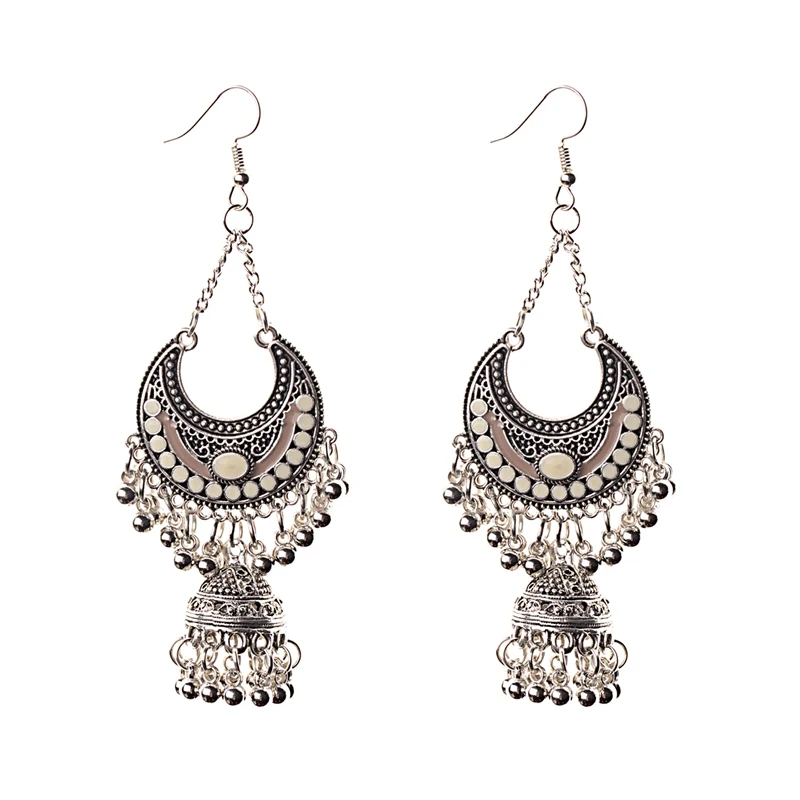 HXE050-2 TopHanqi цыганские украшения, индийская Jhumka, длинные маленькие серьги-колокольчики с бахромой и кисточками, античный этнический Сплав серебра, висячие серьги для женщин - Окраска металла: HXE050-2