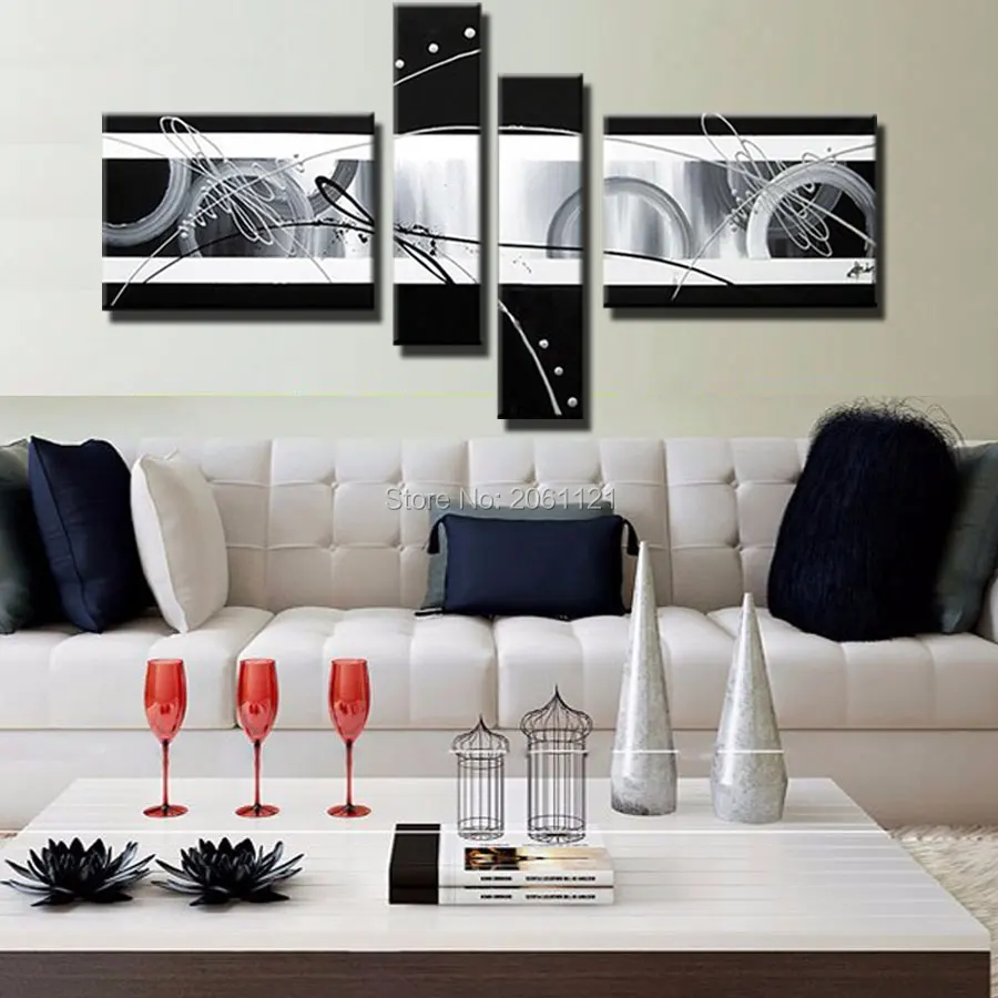 Ручная роспись 4 предмета холст Настенная картина черно белая масляная живопись