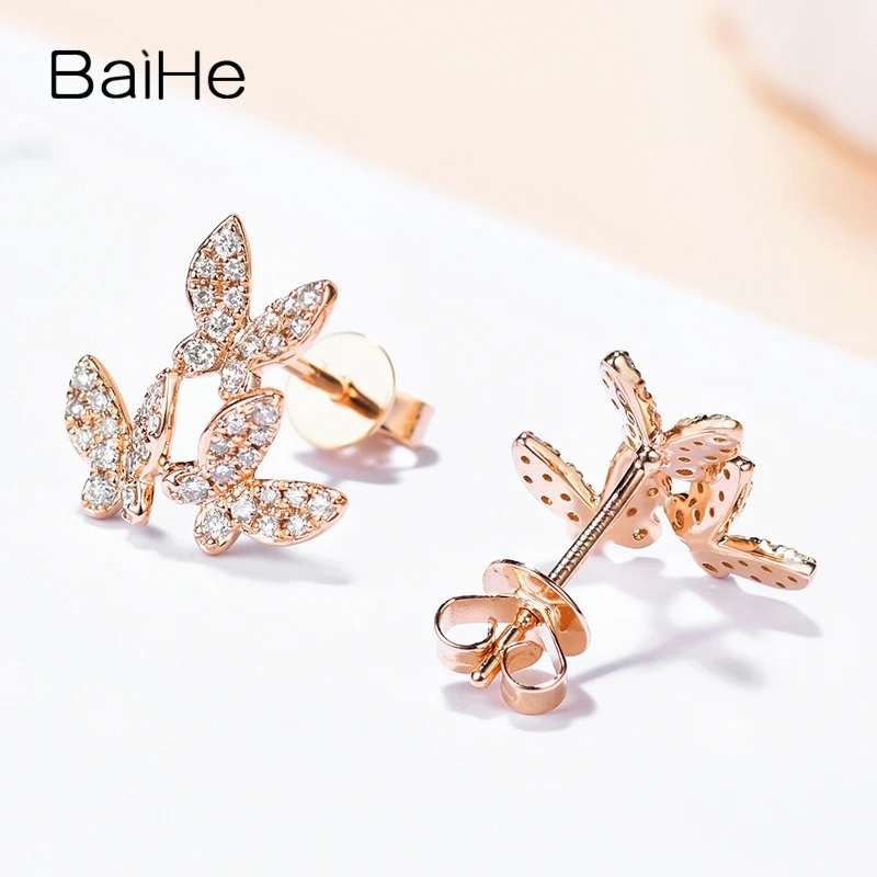 BAIHE Solid 14 K розовое золото H/SI 0.28ct круглые натуральные Алмазы обручальные модные ювелирные изделия элегантные серьги-гвоздики