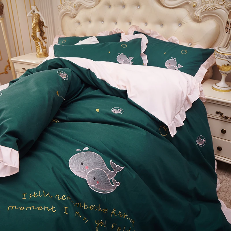 Пододеяльник с оборками и цветочной вышивкой зеленая розовая фиолетовая серая