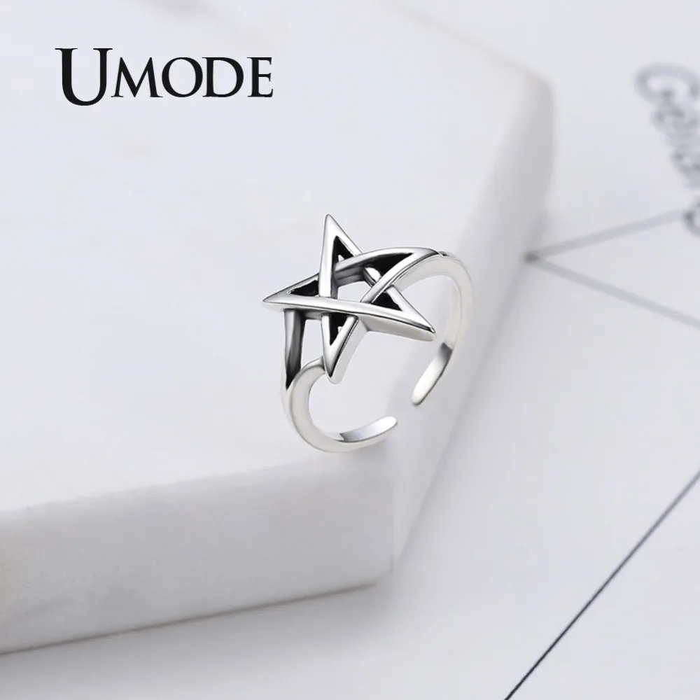UMODE, женские кольца со звездами, 925 пробы, серебряные, свадебный набор, полая пентаграмма, регулируемые, открытые кольца, серебро 925 пробы, хорошее ювелирное изделие, ULR0324