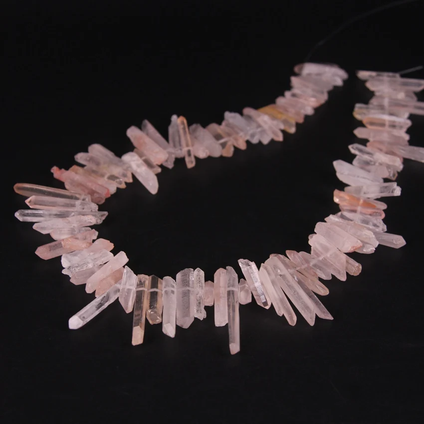 

90-96pcs/strand Natural Light Pink Raw Crystal Point Pendants,Top Drilled Rough Quartz Stick Spike Loose Beads Jewelry Making