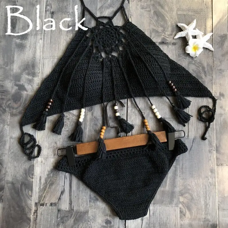 Black Крючком бикини сексуальный недоуздок галстук Вязание Пляж Купальники Холтер бисером кисточкой укороченный Топ Бразилия Бикини купальник купальный костюм - Цвет: Black