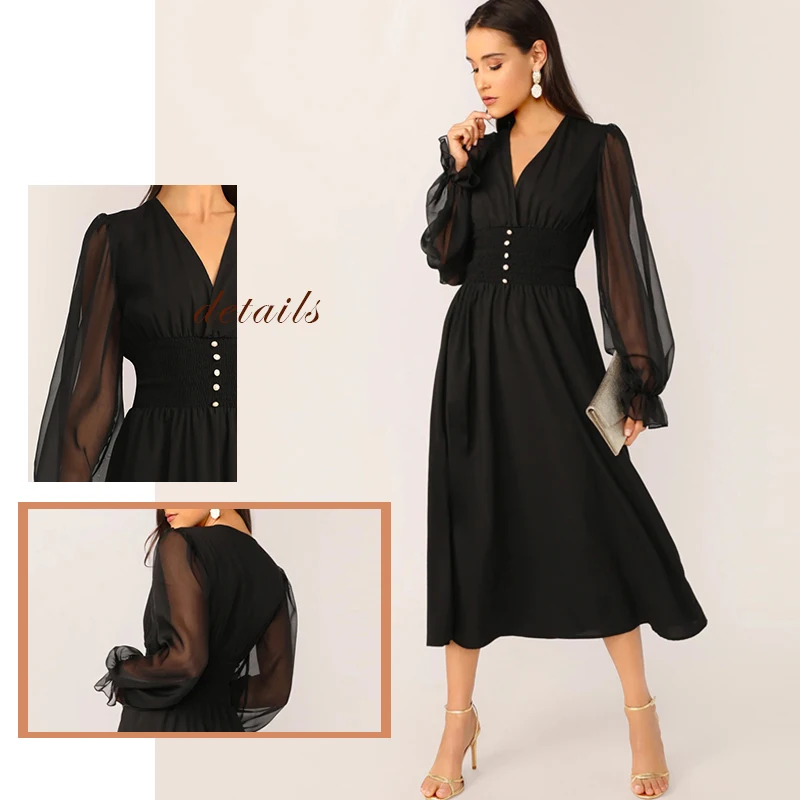 Sheinside Elegant V Neck Button Detail Dress Women Spring Mesh Lantern Sleeve Patchwork Dresses Ladies Solid A Line Dress
