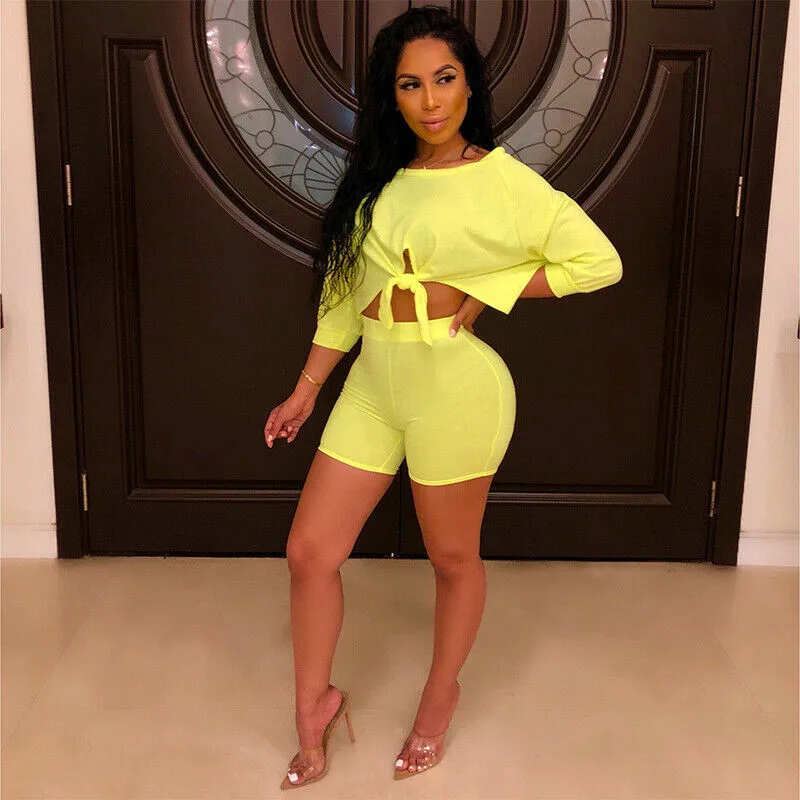 Женский укороченный топ из 2 предметов короткие штаны для лета модные футболки с