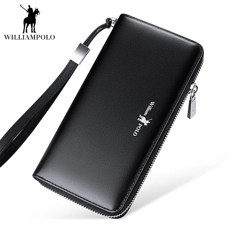 Мужской Длинный кошелек из натуральной кожи WILLIAMPOLO черный на молнии с отделением