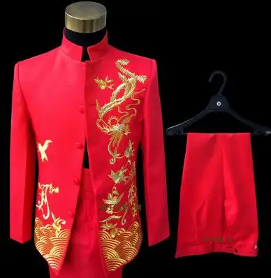 Красный вышитый дракон халат формальное платье Последние пальто брюки дизайн