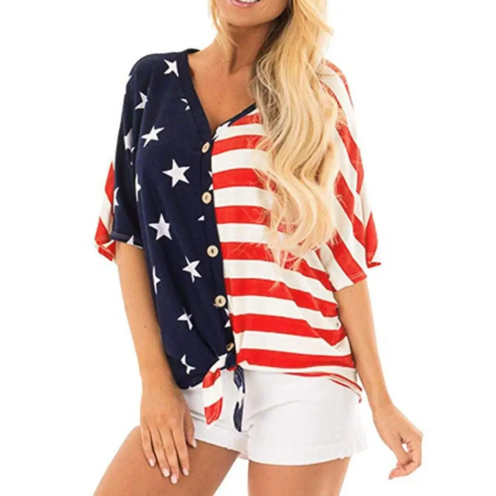 Женская футболка с треугольным вырезом July 4th бабочкой на кнопках американским