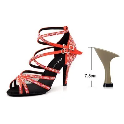 Red 7.5cm Ladingwu/Женская обувь для танцев; фиолетовые атласные стразы; обувь для латинских танцев; женская обувь для сальсы; Обувь для бальных танцев - Цвет: Red 7.5cm