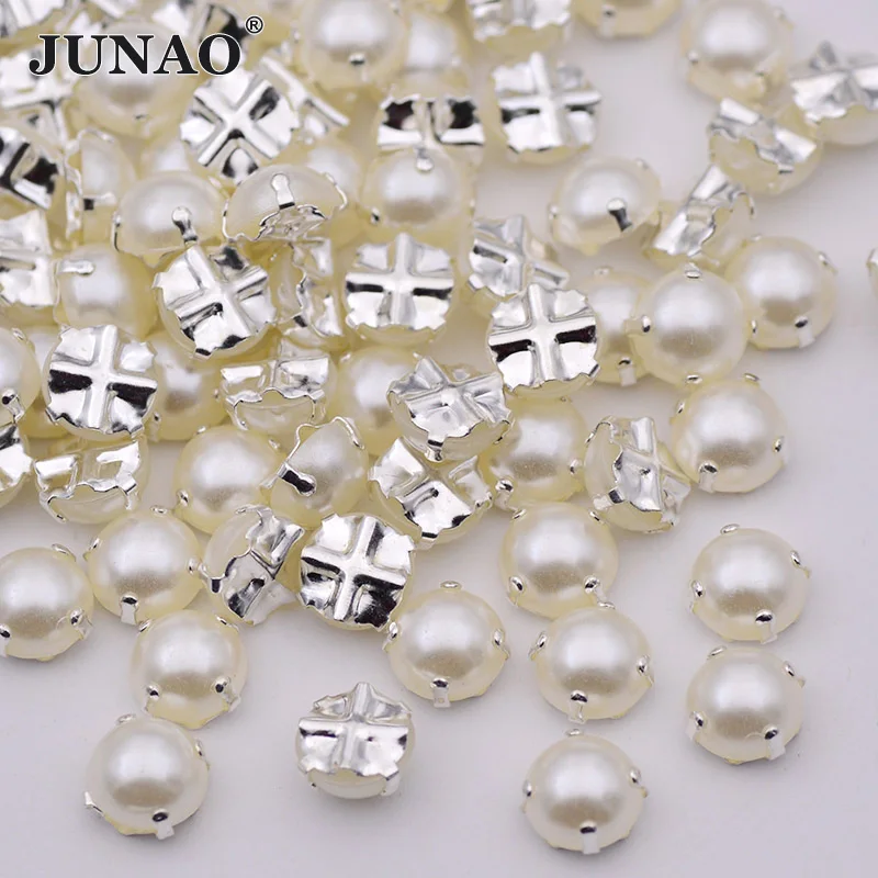

JUNAO 100pcs 6 7 8mm Sewing White Pearl Beads Claw Rhinestones Applique Flatback Half Round Pearls for DIY Needlework Clothes