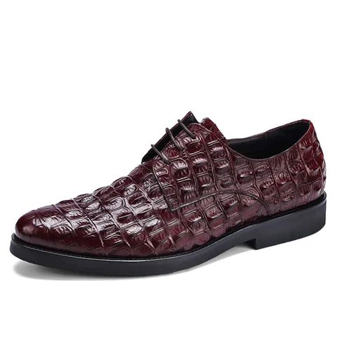 Phenkang/мужские туфли из натуральной кожи крокодила; Классический стиль; Мужские свадебные туфли-оксфорды на шнуровке с острым носком; Цвет Бордовый