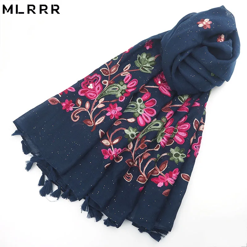 MLRRR новый модный длинный шарф из хлопка с золотой пудрой вышивкой и жемчугом