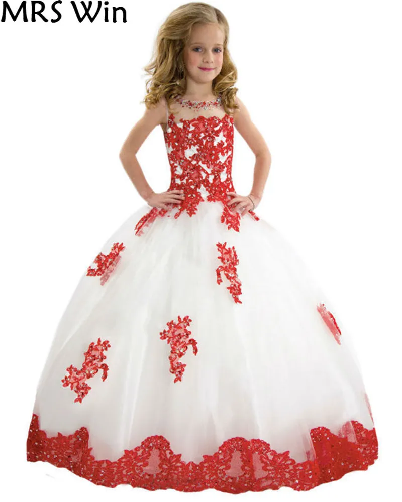 Кружевное бальное платье для маленьких девочек пышное белого и красного цвета