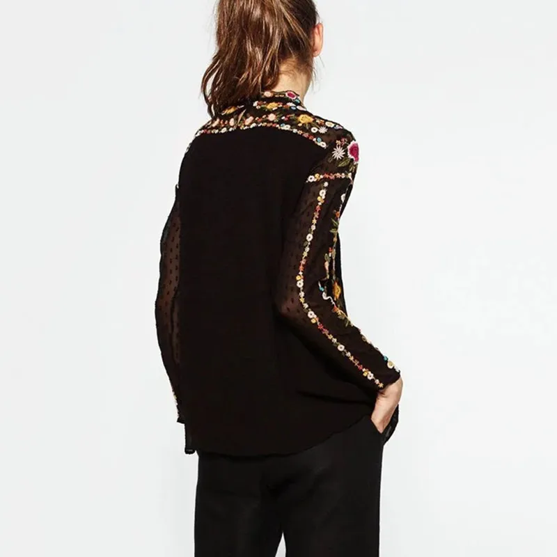 CHANGLA Мода Элегантный Цветочный Вышивка Блузка Рубашки Стенд Воротник Длинным