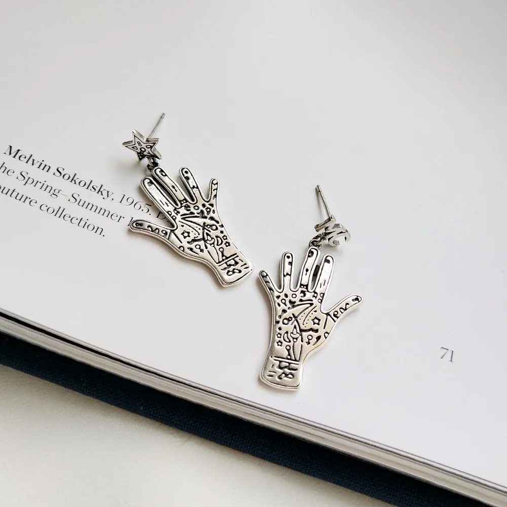 Fate palm asymmetric silver earrings 925 sterling fate line do old vintage design wild stud women jewelry | Украшения и