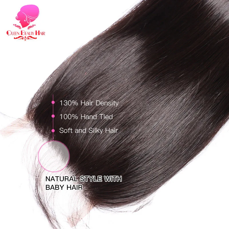 QUEEN BEAUTY волосы бразильские прямые закрытие 4x4 Remy человеческие свободная Часть