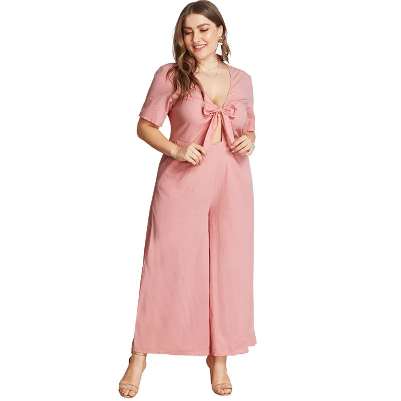 Женские комбинезоны большого размера однотонные розовые длинные Комбинезоны с