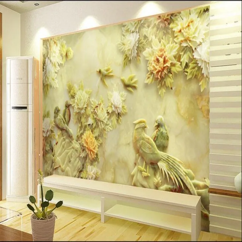 wellyu Custom large - scale murals jade carving peony magpie mandarin ducks wealth auspicious TV background wall wallpaper | Обустройство