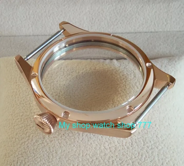 

44mm PARNIS 316L Stainless steel watch cases electroplated 18K rose gold fit ETA 6497/6498 movement the diamond shape crown 014A