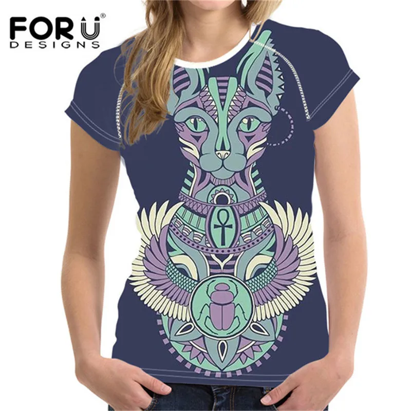 FORUDESIGNS/, женская футболка с 3D принтом кота сфинкса, футболка с круглым вырезом и коротким рукавом в стиле панк, египетский кот, футболка для бодибилдинга, Футболка Harajuku - Цвет: Y0250BV