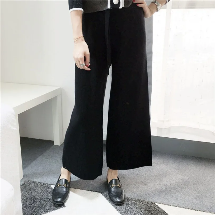 

high quality 2017 women elastic waist casual knitted wide leg pants ladies match all leisure trousers
