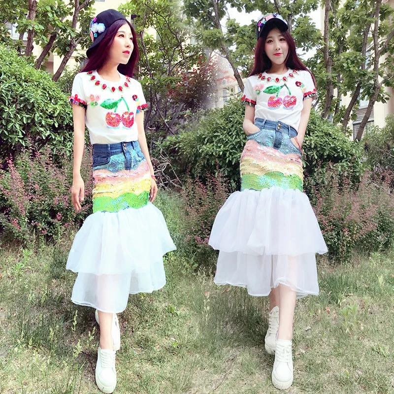 Женская футболка с коротким рукавом и блестками джинсовая сетчатая юбка