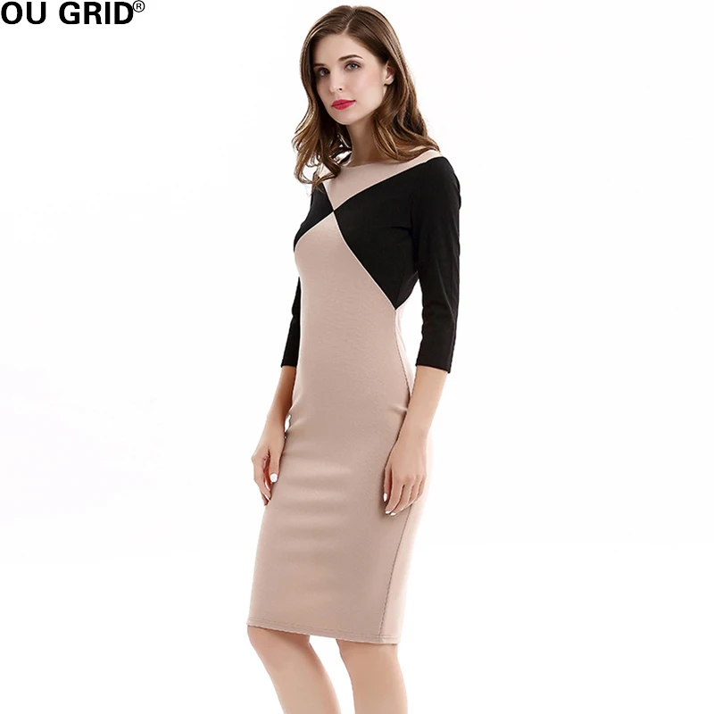 Для женщин офисные рабочие платье Лето 2017 г. Цвет блок патч работы три четверти