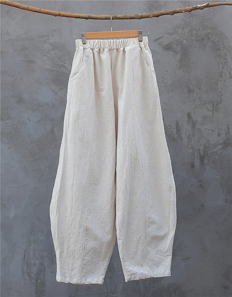 Linen Johnature штаны-шаровары из хлопка и льна, женские брюки с эластичным поясом, весна, Новые лоскутные брюки с карманами, 6 цветов размера плюс, женские брюки - Цвет: Linen