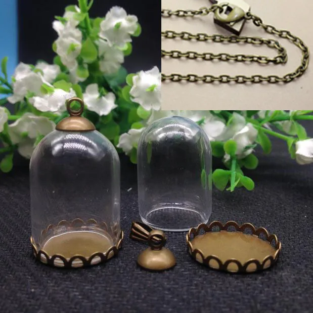 

10sets/lot bronze 25*18mm glass dome globe orbs retro tray base & 6mm cap set glass globes set glass vial pendant glass cover