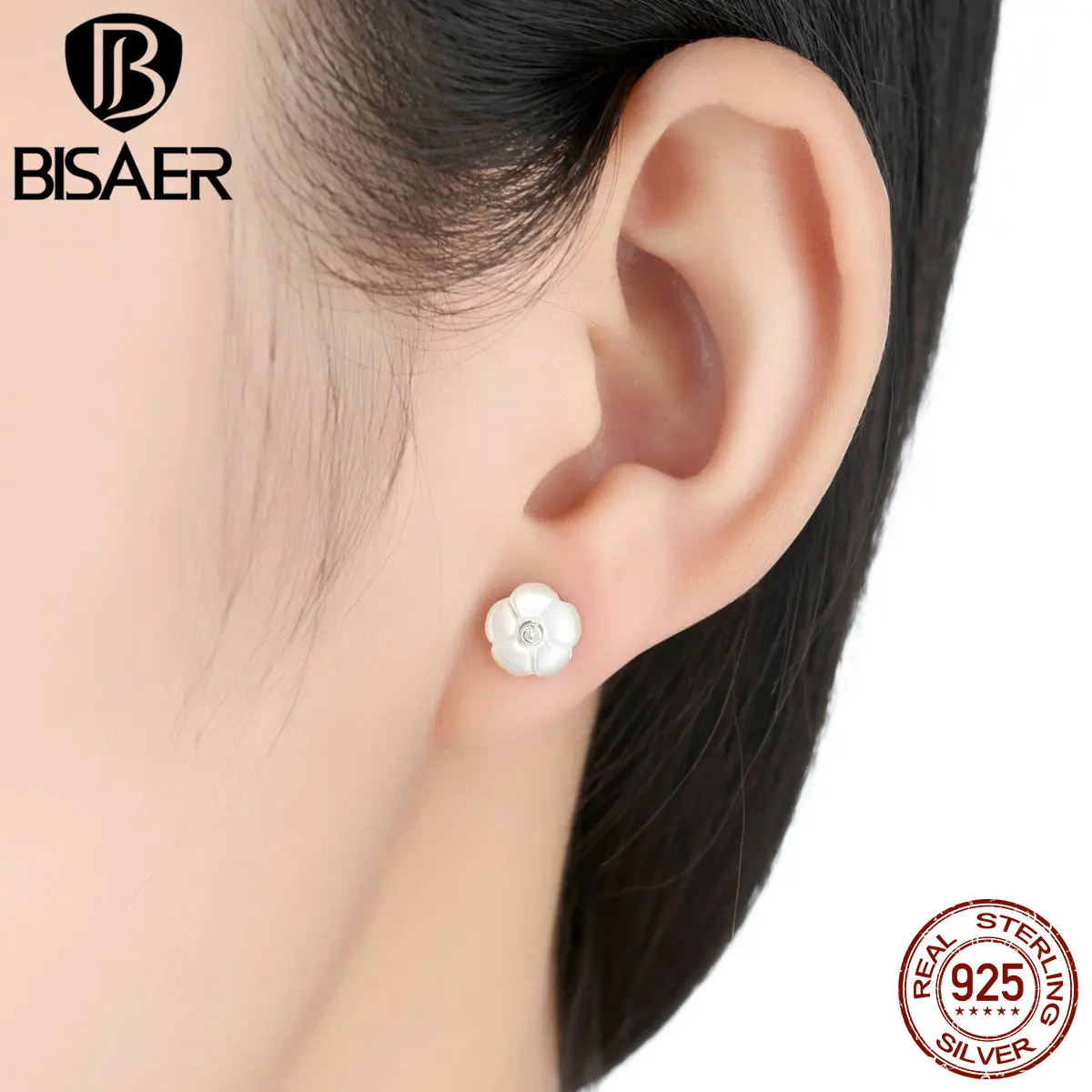 BISAER, популярные,, 925 пробы, серебряный, белый цветок, светящиеся, цветочные серьги-гвоздики, женские, модные ювелирные изделия, WEUS478