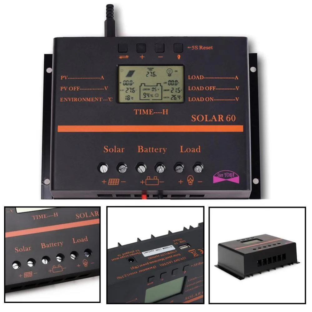 60A 12V 24V LCD Солнечный контроллер заряда разрядка с USB для панели солнечной батареи