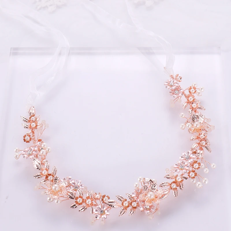 

Women Hair Jewelry Rose Gold Flower Leaf Bridal Tiara Headband Pearls Wedding Hair Crown Accessories