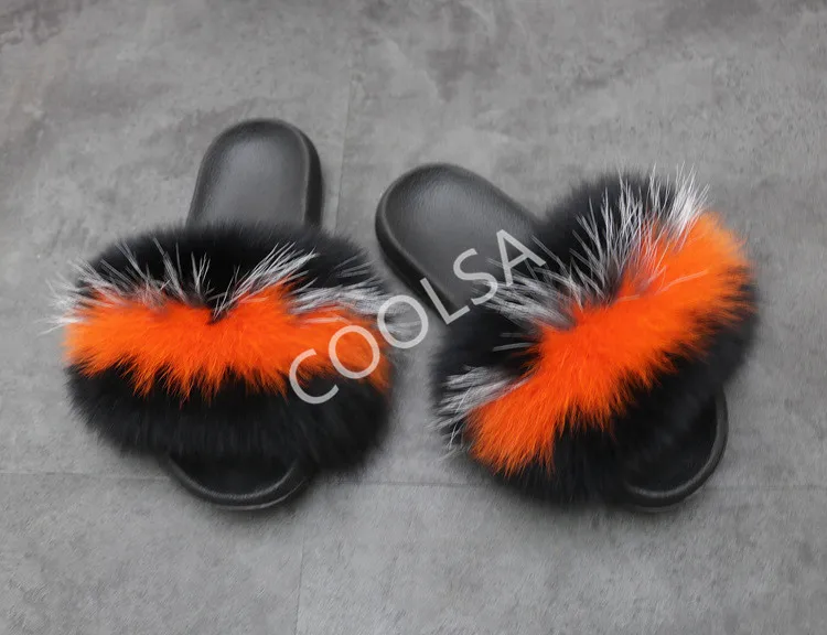 Women's Summer Fur Slippers Indoor Warm Fluffy Plush Home Shoes Woman Real Fox Hair Fur Slides Furry Sandals Female Flip Flops