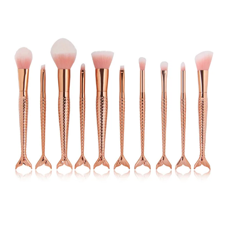 10pcs Rose Gold 6/10 шт. Розовое Золото Русалка кисти для макияжа Набор тонального крема пудры тени для век косметической Красота кисточки с сумкой и бесплатный подарок - Handle Color: 10pcs Rose Gold