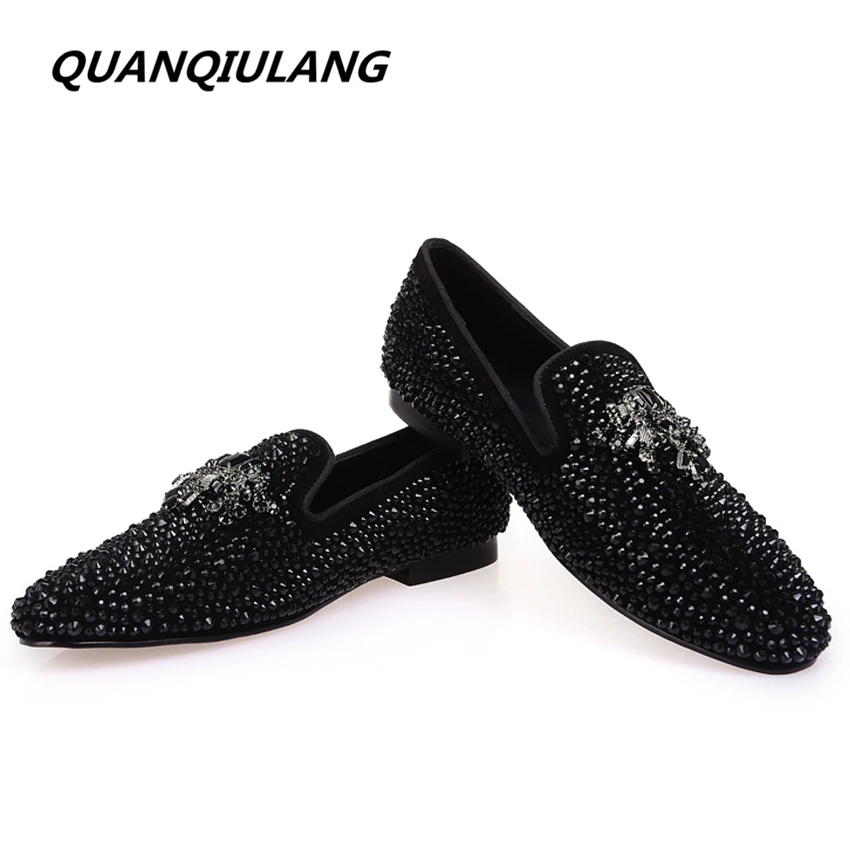 New Fashion Black crystal Handmade Genuine Leather Man Shoes Wedding and Party Loafers Men Flats size 39-47 Free shipping | Обувь