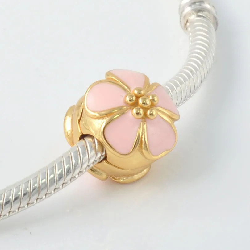925 Sterling Silver Gold Plated Pink Cherry Blossom Clip Charm Beads Fits Original European Bracelets DIY Jewelry For Women | Украшения и