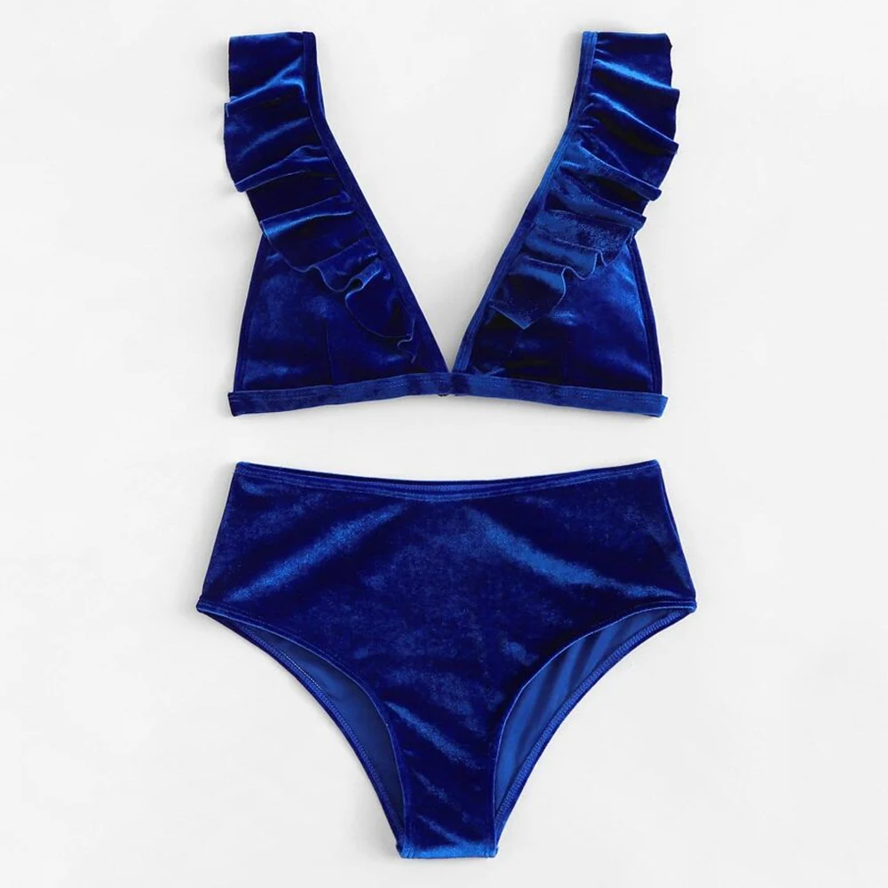 DH122-SLA Swimwear Velvet High Waist Swimsuit Solid Reffle Bikini Set Swimming Suit For Women Bathing Suit Female May Bathers Beachwear - Цвет: DH122-SLA