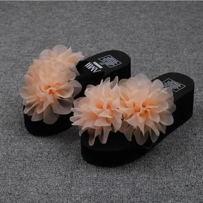 Original summer Handmade DIY Three-dimensional gauze Thick soles Wedges Flowers flip flops Free shipping | Обувь