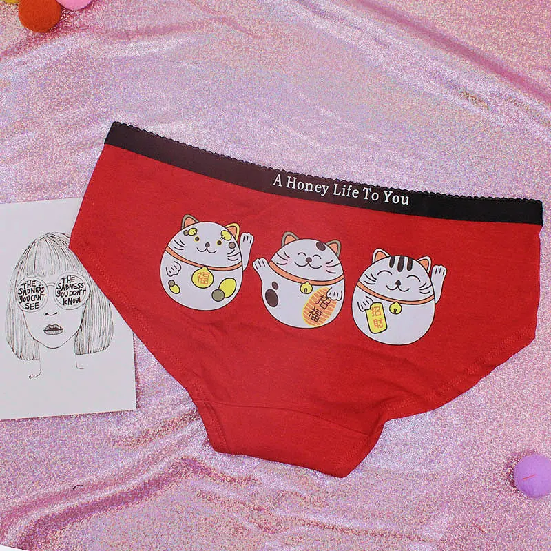 HUI GUAN Fortune Cats Узорчатое красное милое Нижнее белье Женские Бесшовные трусы женские мягкие хлопковые трусики с рисунком утки эротическое белье